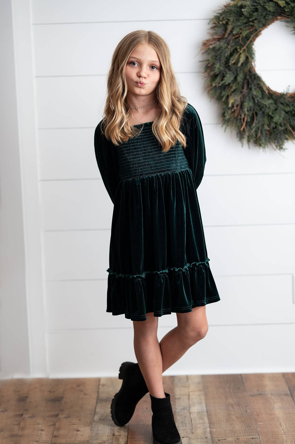 Kids Dark Green Smocked Velvet Fancy Holiday Party Dress