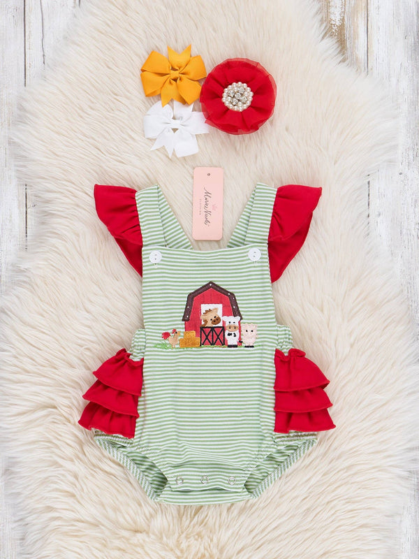 Striped Embroidered Farmhouse Ruffle Bubble