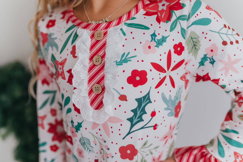 Kids Christmas Flower Stripe Ruffle Lace Holiday Lounge Gown
