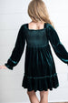 Kids Dark Green Smocked Velvet Fancy Holiday Party Dress