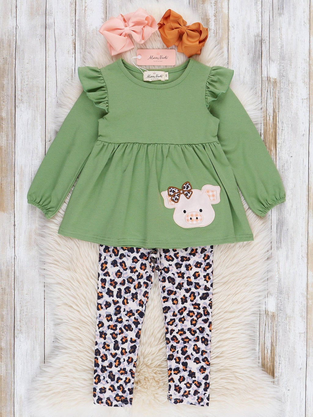 Embroidered Leopard Bow Piggy Ruffle Outfit