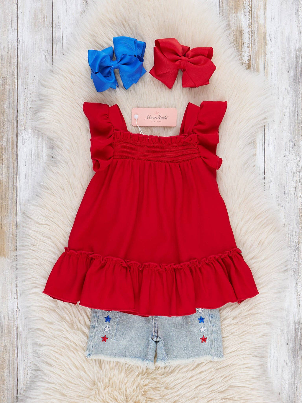 Embroidered Stars Ruffle Denim Shorts Outfit