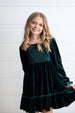 Kids Dark Green Smocked Velvet Fancy Holiday Party Dress