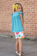 Girls Teal Retro Happy Flower Spring Summer Short Set