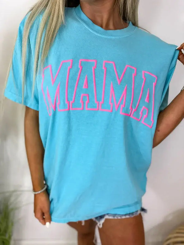 Mama Puff Print Graphic Tee-Neon Blue