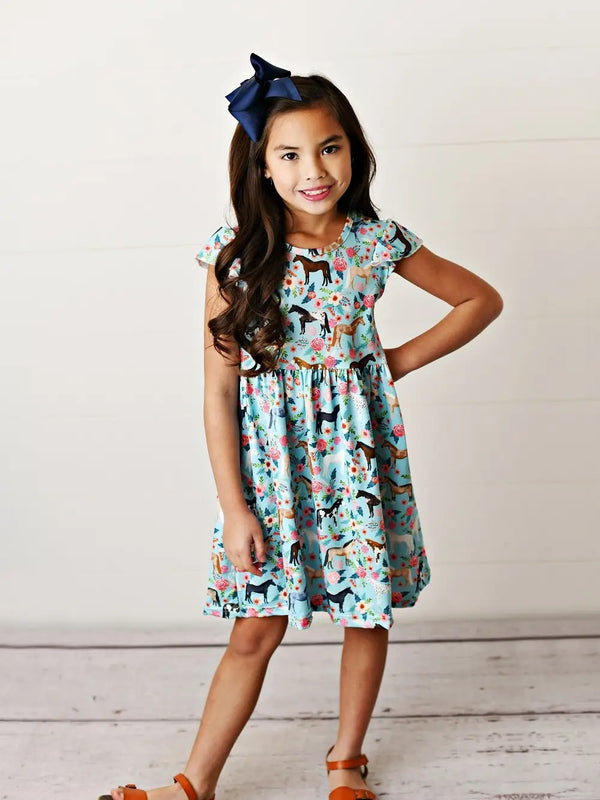 Blue Floral Horse Spring Dress