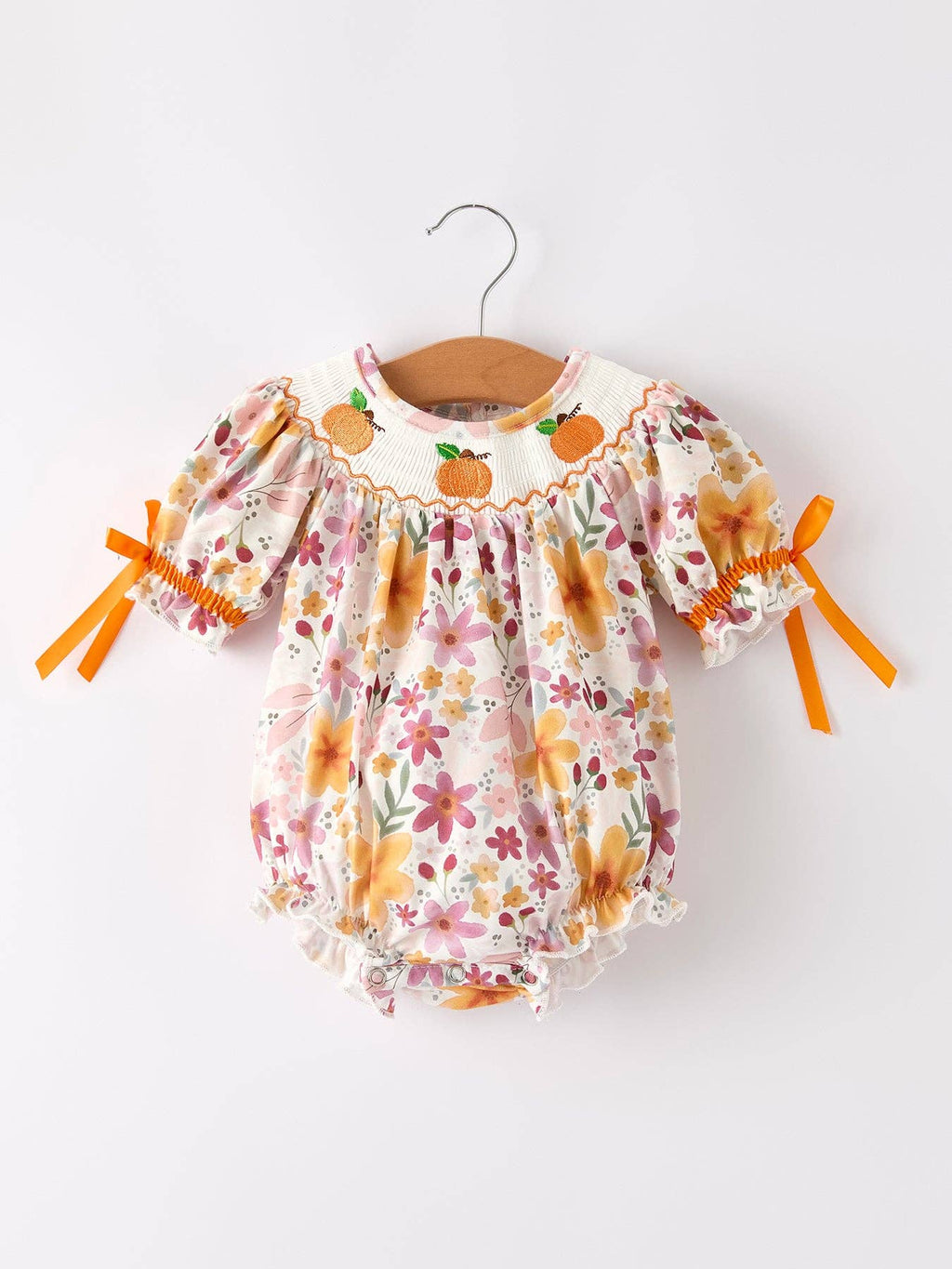 Halloween & Thanksgiving Pumpkin Embroidery Smock Floral Baby Girl Romper