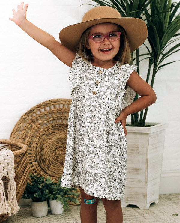 Girls' Black and White Floral Ruffle Smock Dress