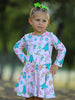 Pink Christmas Character Print Long Sleeve Girls Dress