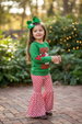 Santa printed sweatshirt and checker bell bottoms.