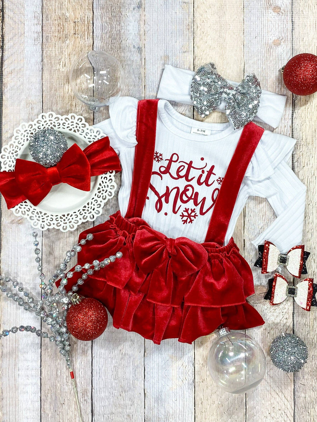 Let It Snow Red Velvet Infant Romper Set