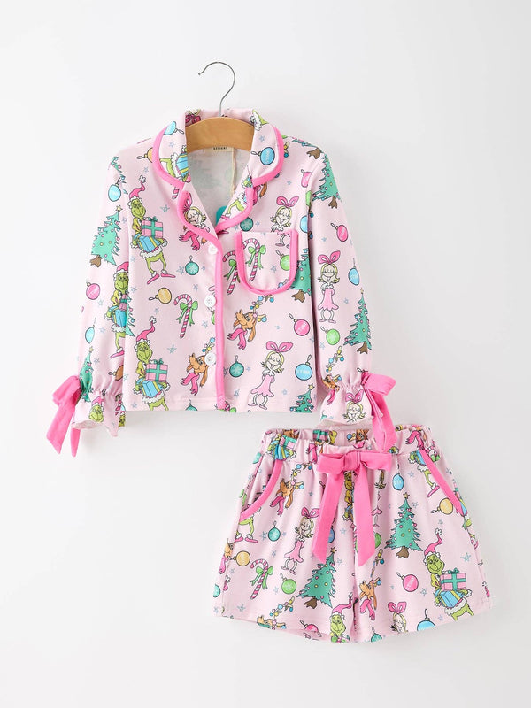 Christmas Girls Holiday Figure Bow Pajama Set
