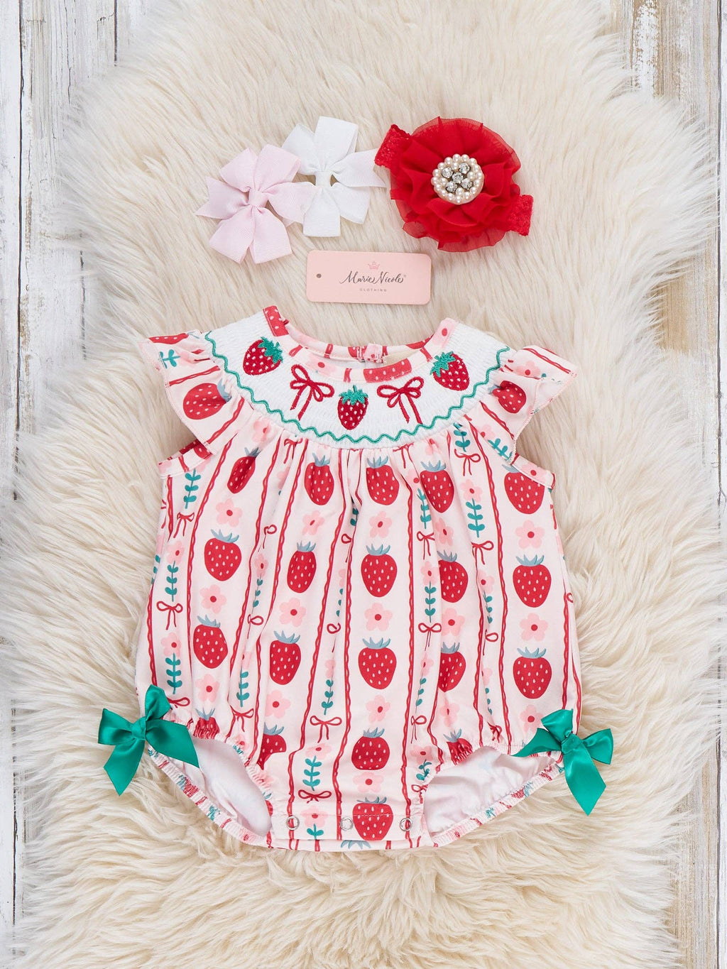 Strawberry Rows Smocked Bubble Romper