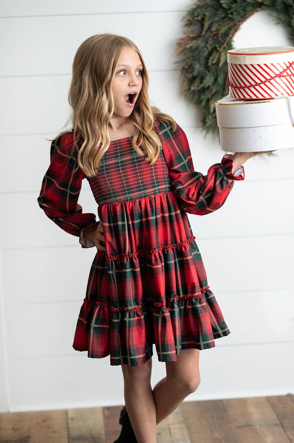 Kids Red & Green Plaid Smocked Holiday Fancy Party Dress