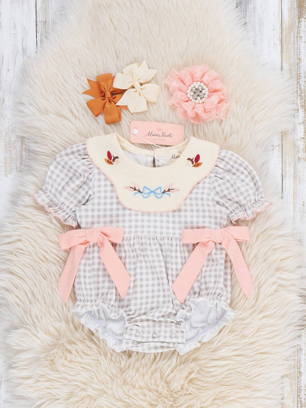 Autumn Acorns Bows Embroidered Plaid Bubble Romper