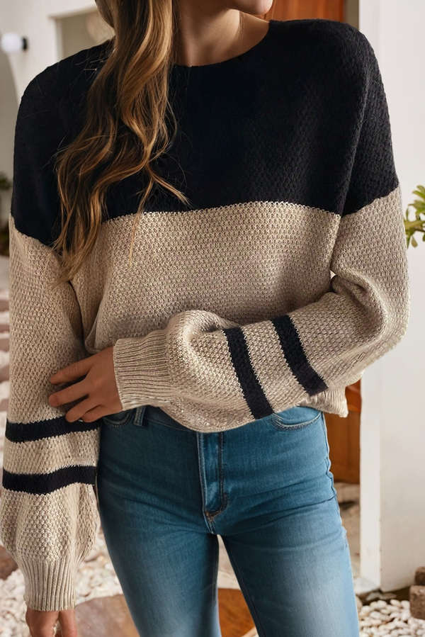 LDC Color Block Knit Striped Sleeve Detail Casual Sweater