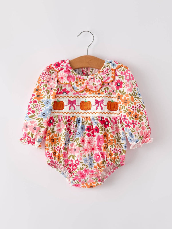 Halloween Pumpkin Bow Smock Embroidered Floral Baby Girl Romper