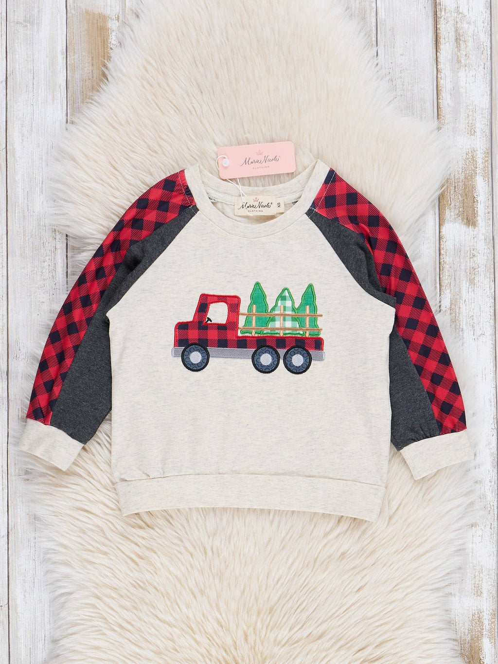 Grey Embroidered Christmas Tree Truck Plaid Raglan Shirt