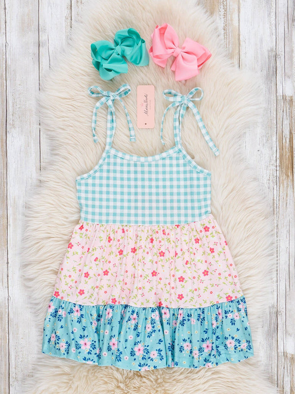 Turquoise Gingham & Pink Florals Ruffle Dress