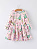 Pink Christmas Character Print Long Sleeve Girls Dress