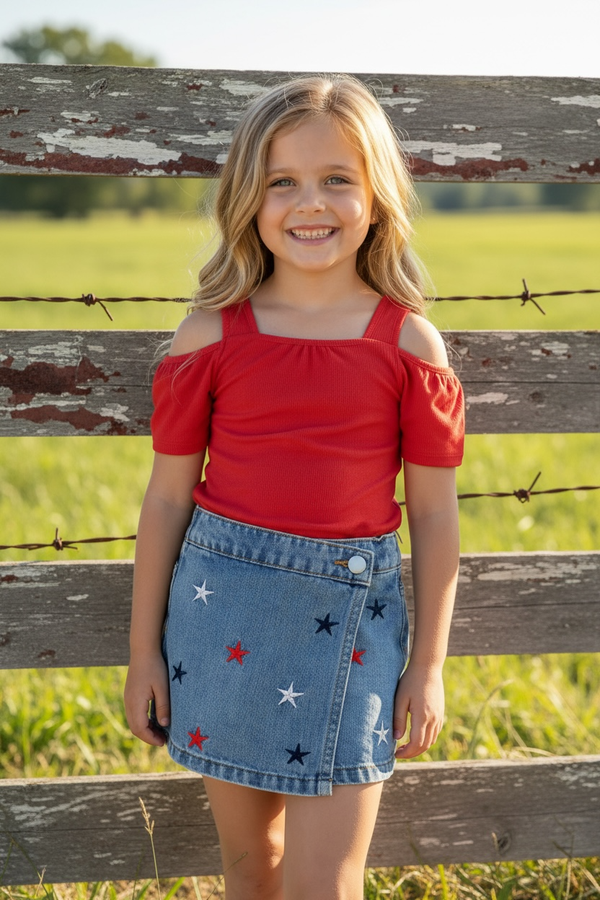 Multi-Color star embroidered denim skort w/adjustable waistband. PNG60097 SOL