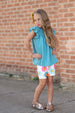 Girls Teal Retro Happy Flower Spring Summer Short Set