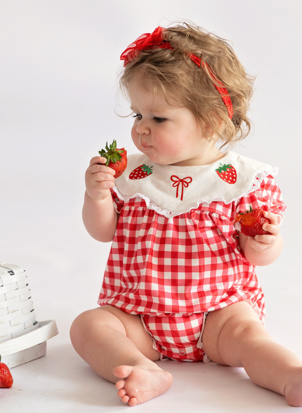 Gingham Berry Charm Embroidered Bubble Romper