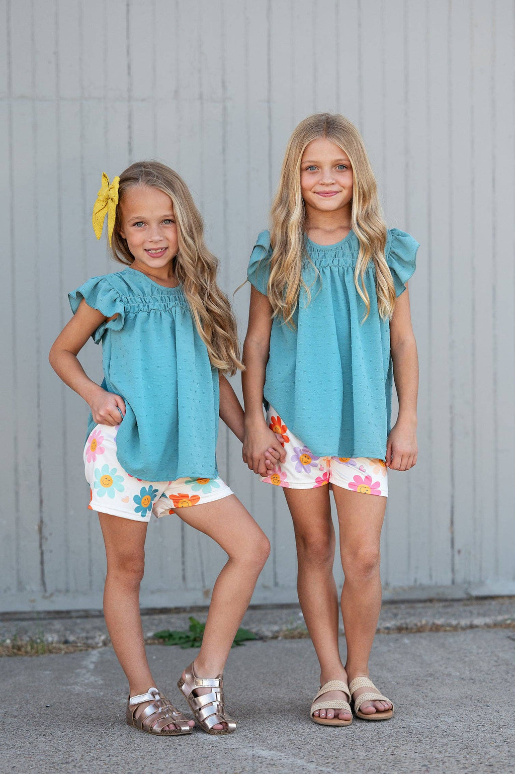 Girls Teal Retro Happy Flower Spring Summer Short Set