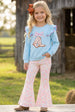 Lt. Blue Sweatshirt with boots applique and floral bell bottoms. OFG61398 MOn