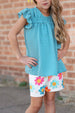 Girls Teal Retro Happy Flower Spring Summer Short Set