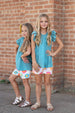 Girls Teal Retro Happy Flower Spring Summer Short Set