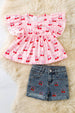 Cherry on pink gingham tunic & denim shorts. OFG60366 AMY