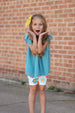 Girls Teal Retro Happy Flower Spring Summer Short Set