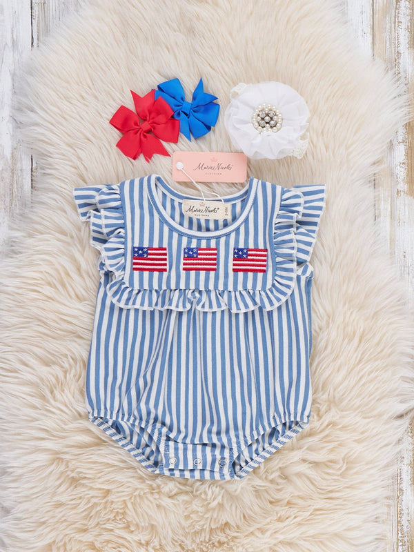 Stripes of Freedom Embroidered Cotton Ruffle Romper