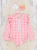 Gingham Zipper Rash Guard Swimsuit - Coral