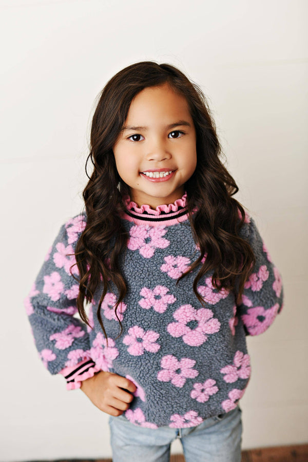 Kids Pink Daisy Scalloped Neck Winter Sweater