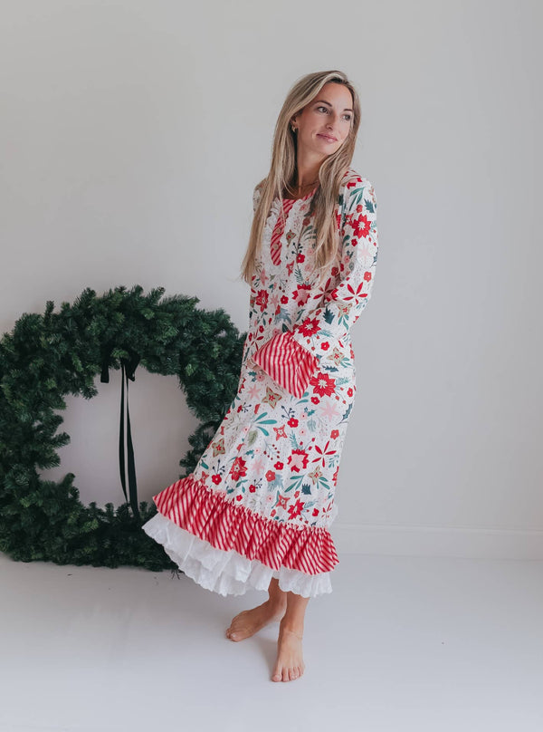 Women's Christmas Flower Stripe Ruffle Holiday Lounge Gown