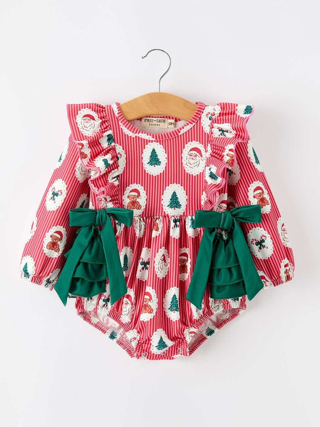 Christmas Santa Print Ruffle Baby Girl Bubble Romper with Bows
