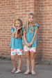 Girls Teal Retro Happy Flower Spring Summer Short Set