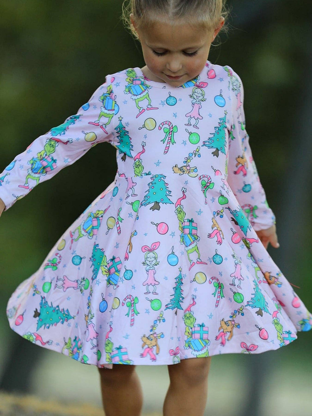 Pink Christmas Character Print Long Sleeve Girls Dress