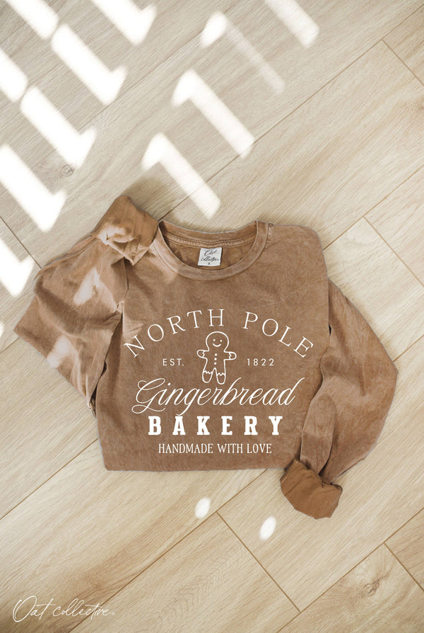 NORTH POLE GINGERBREAD Mineral Washed Long Sleeve Graphic