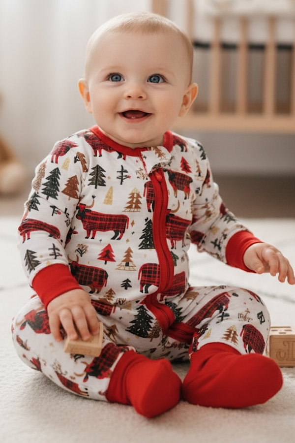 Plaid bull printed baby onesie with fold over footie and hands. LR080710 AMY