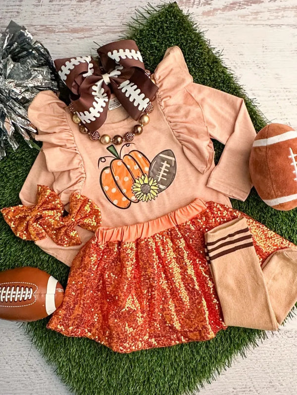 Football Pumpkin Sequin Skirt Set