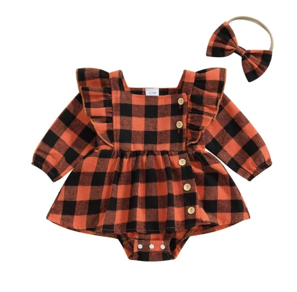 Orange/Black Plaid Ruffle Romper