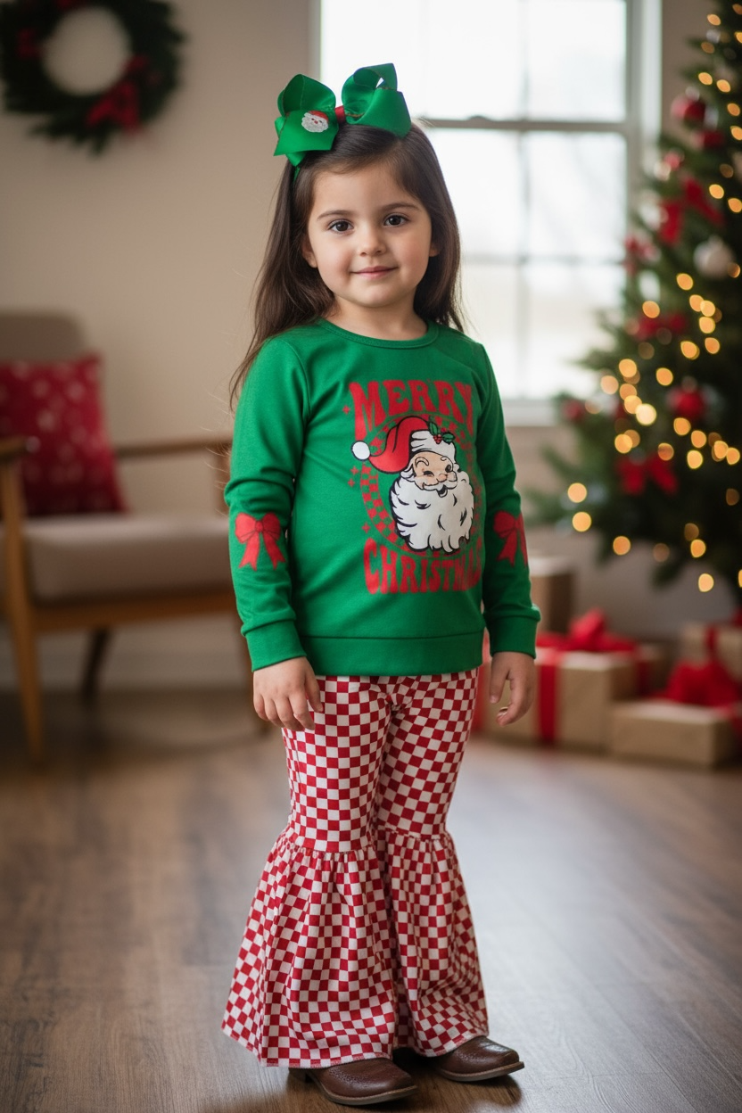 Santa printed sweatshirt and checker bell bottoms.