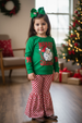 Santa printed sweatshirt and checker bell bottoms.