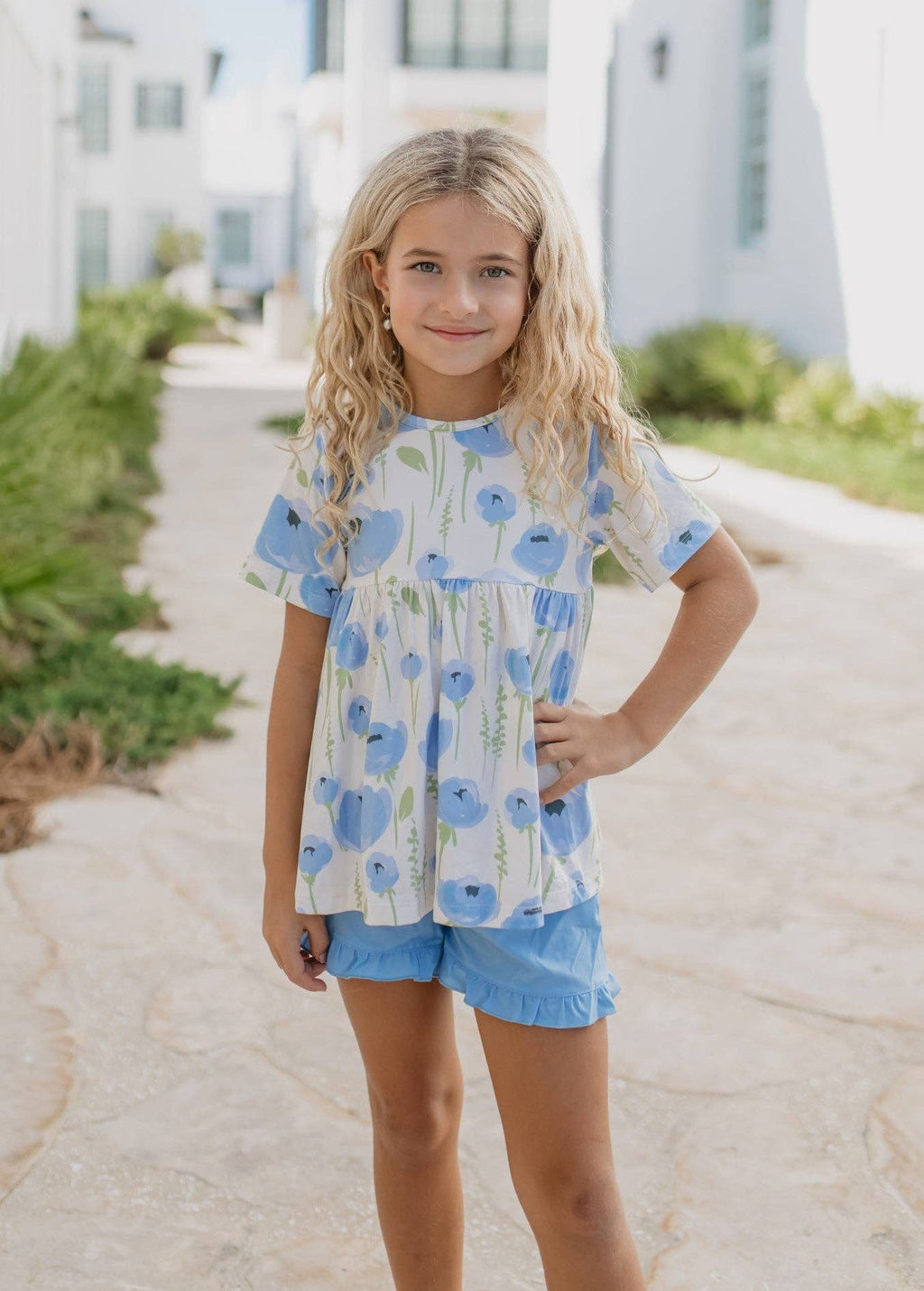 Girls Periwinkle Floral Ruffle Pocket Spring Short Set