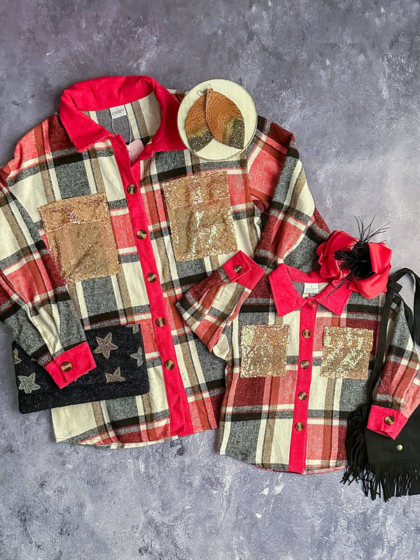 Mommy & Me Red Plaid Sweater with Sequin Pockets