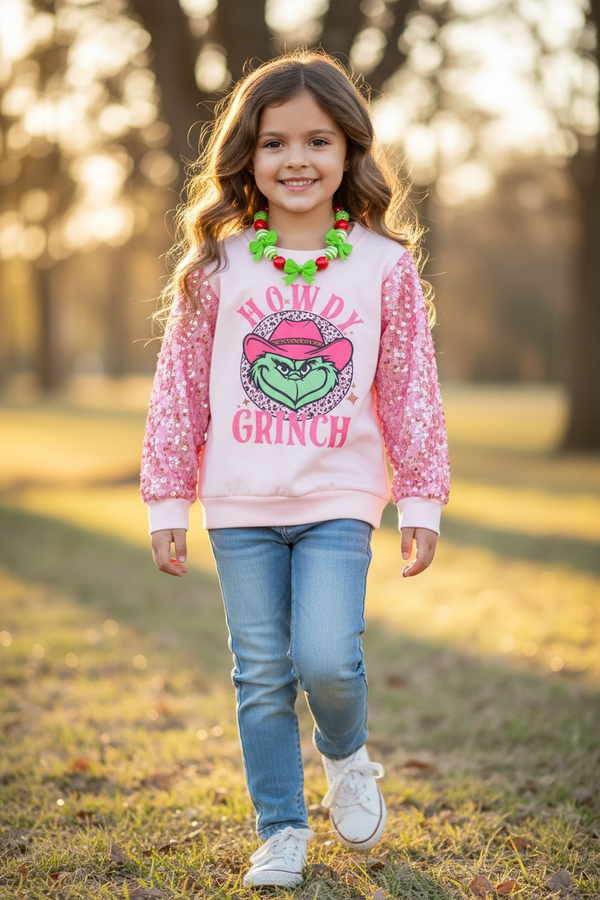 Howdy Grinch" Pink sweatshirt with sequins sleeves. TPG51374 SOLL