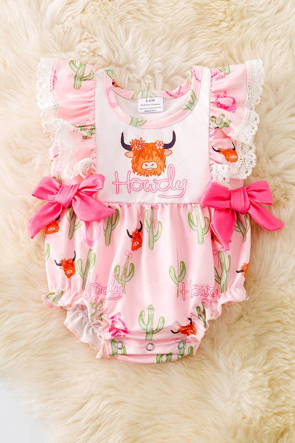 "Howdy" Highland cow printed girls romper w/side bows. RPG50981 JEAN